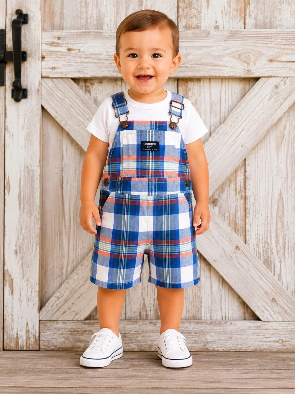 OshKosh B’gosh Plaid Shortalls 18M Baby Boy Blue Cotton Summer Overalls